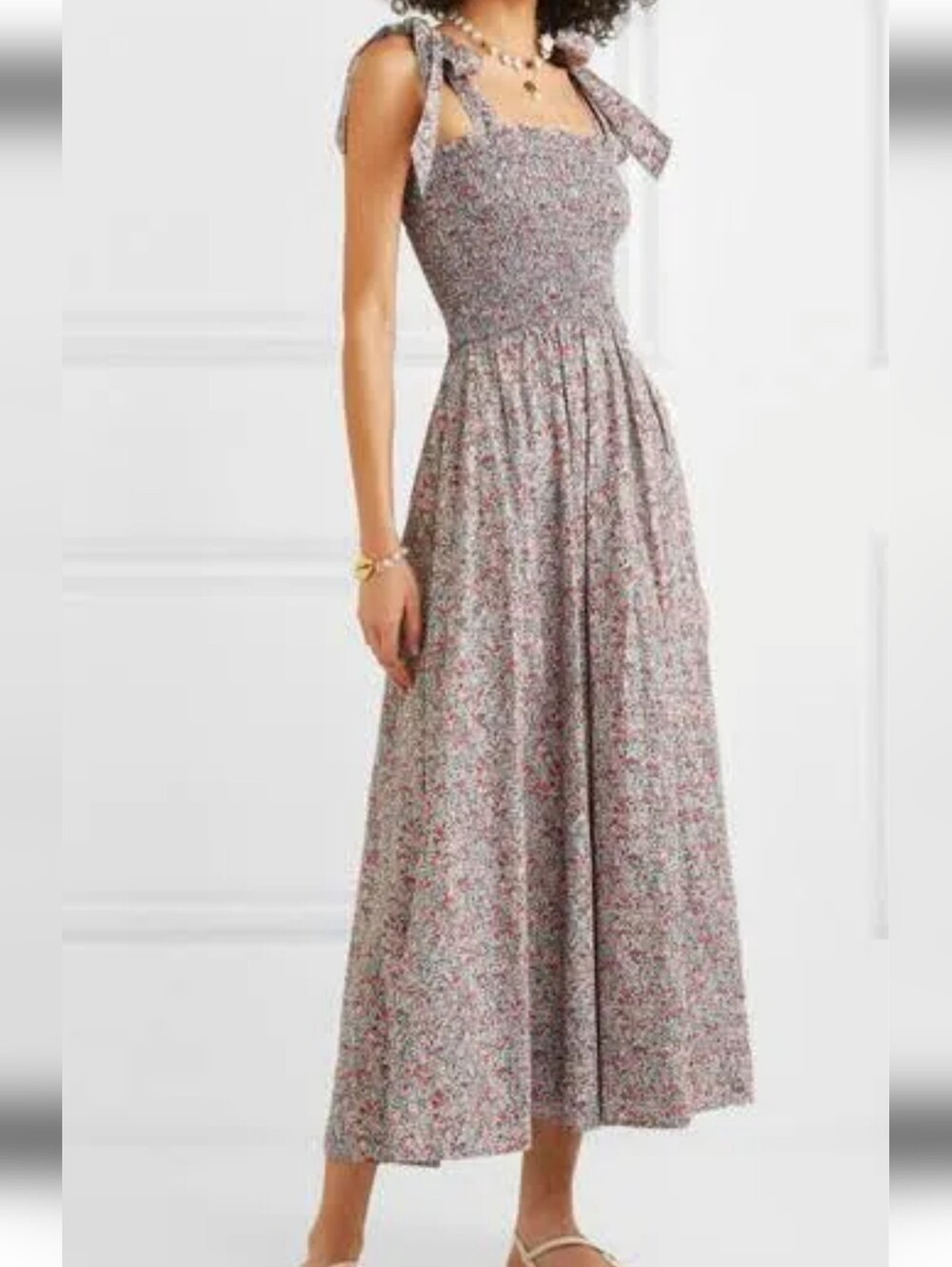 Doen Floral Smocked Midi Dress in Cream and Pink